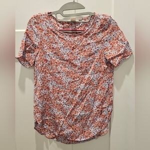 H&M Orange Floral Short Sleeve Blouse Light Blue Viscose Top Size 2